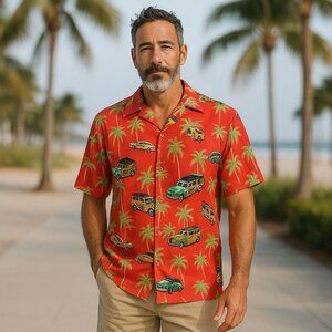 KOMAN SPORT Mens XXLT Shirt Colorful Vacation Cars Beach Resort All Over Print